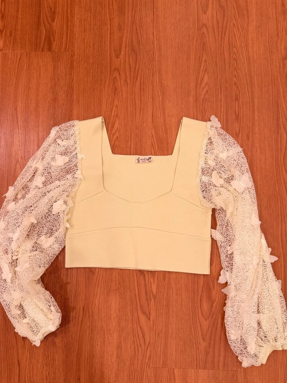 Yellow Square-Neck Crop Top with Lace Puff Sleeves and Butterfly Apliques